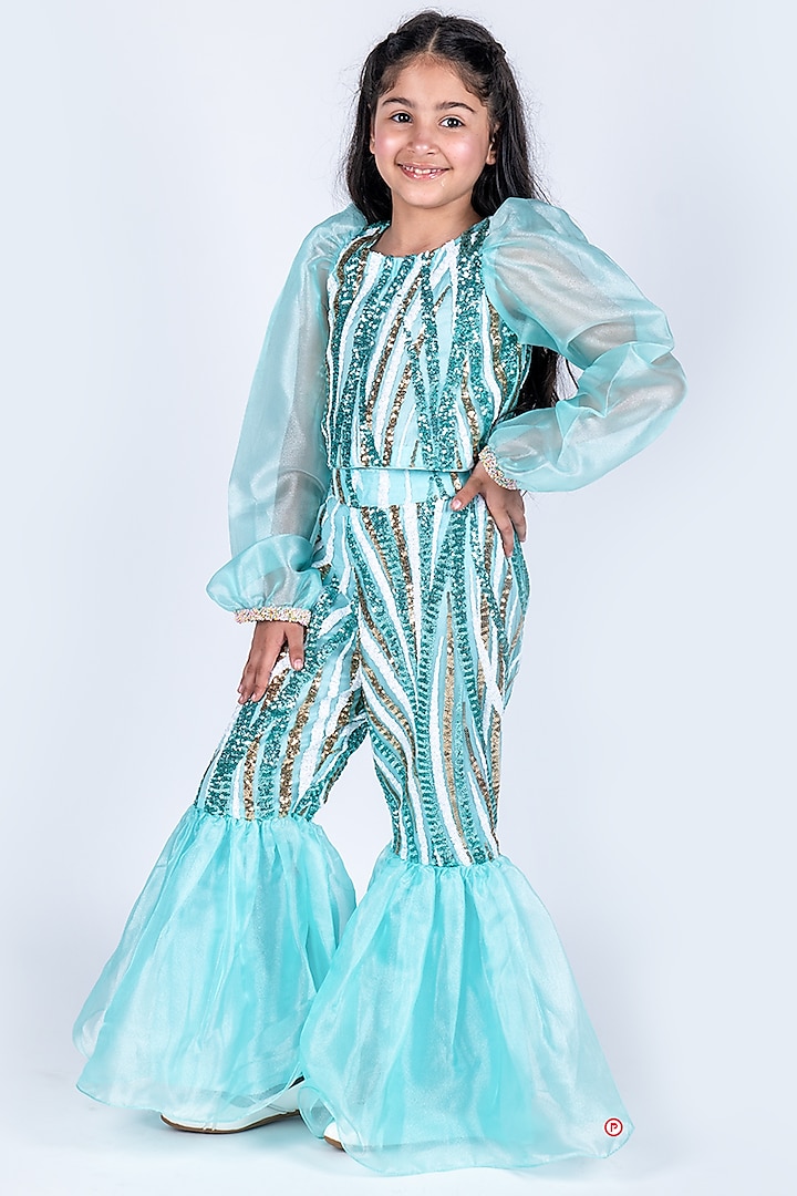 Green Net Sequins Embroidered Co-Ord Set For Girls by PiccoRicco at Pernia's Pop Up Shop