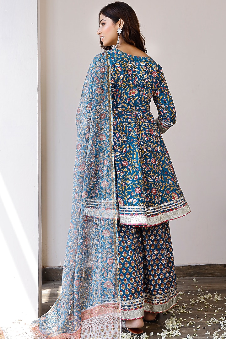 Blue Cotton Block Printed Kurta Set by Pheeta at Pernia's Pop Up Shop