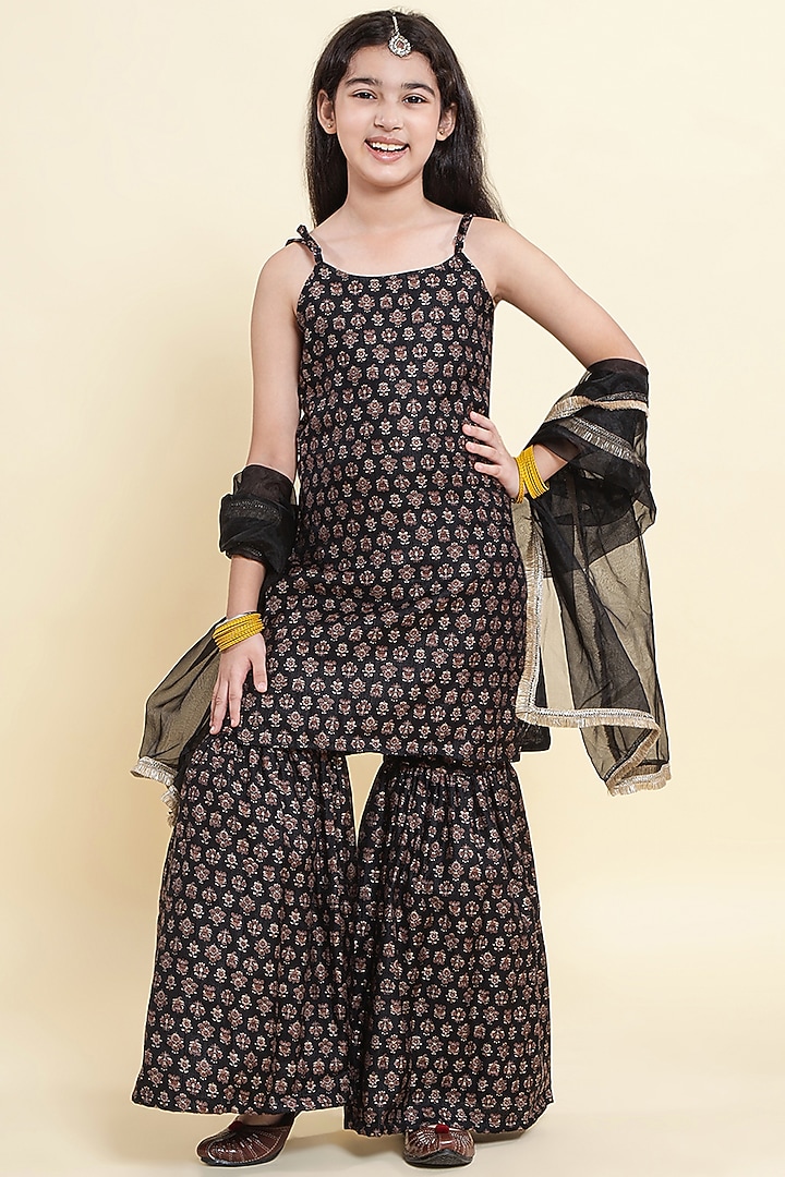 Black Cotton Printed Sharara Set For Girls by Piccolo at Pernia's Pop Up Shop