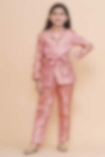 Peach Brocade Blazer Set For Girls by Piccolo at Pernia's Pop Up Shop