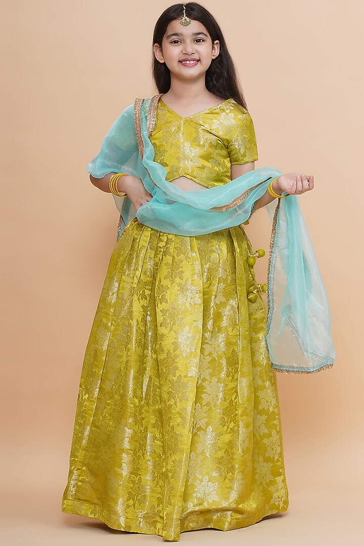 Green Brocade Lehenga Set For Girls by Piccolo at Pernia's Pop Up Shop