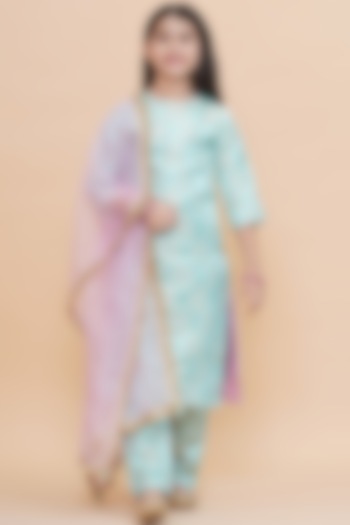 Blue Silk Kurta Set For Girls by Piccolo at Pernia's Pop Up Shop