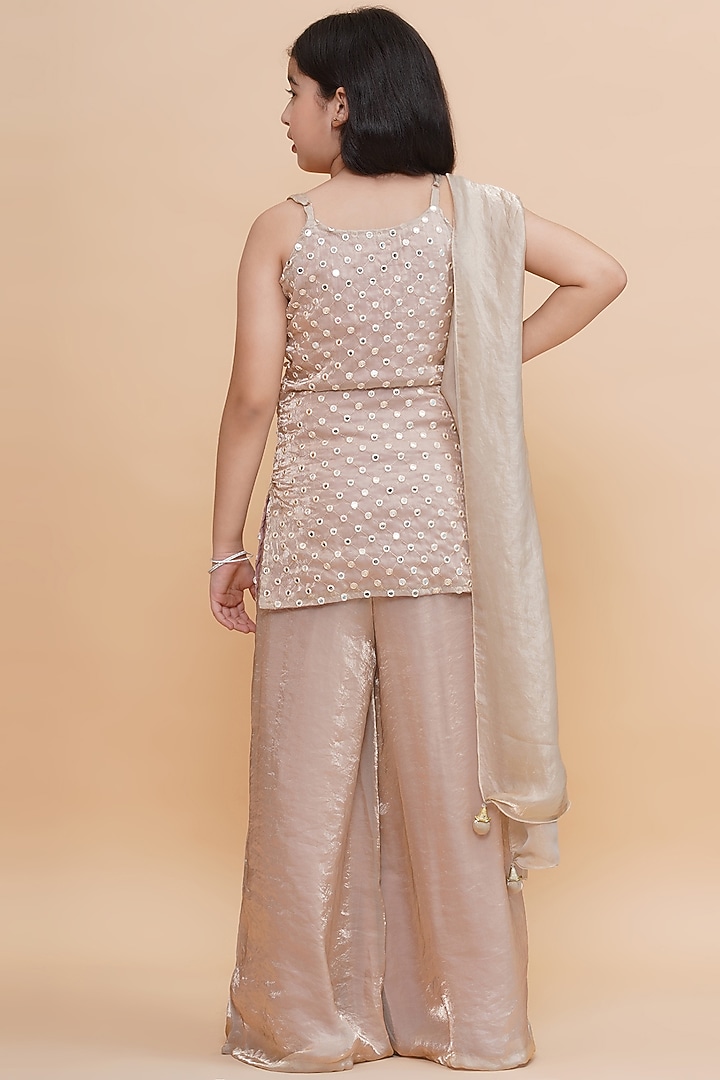 Beige Tissue Mirror Work Kurta Set For Girls by Piccolo at Pernia's Pop Up Shop