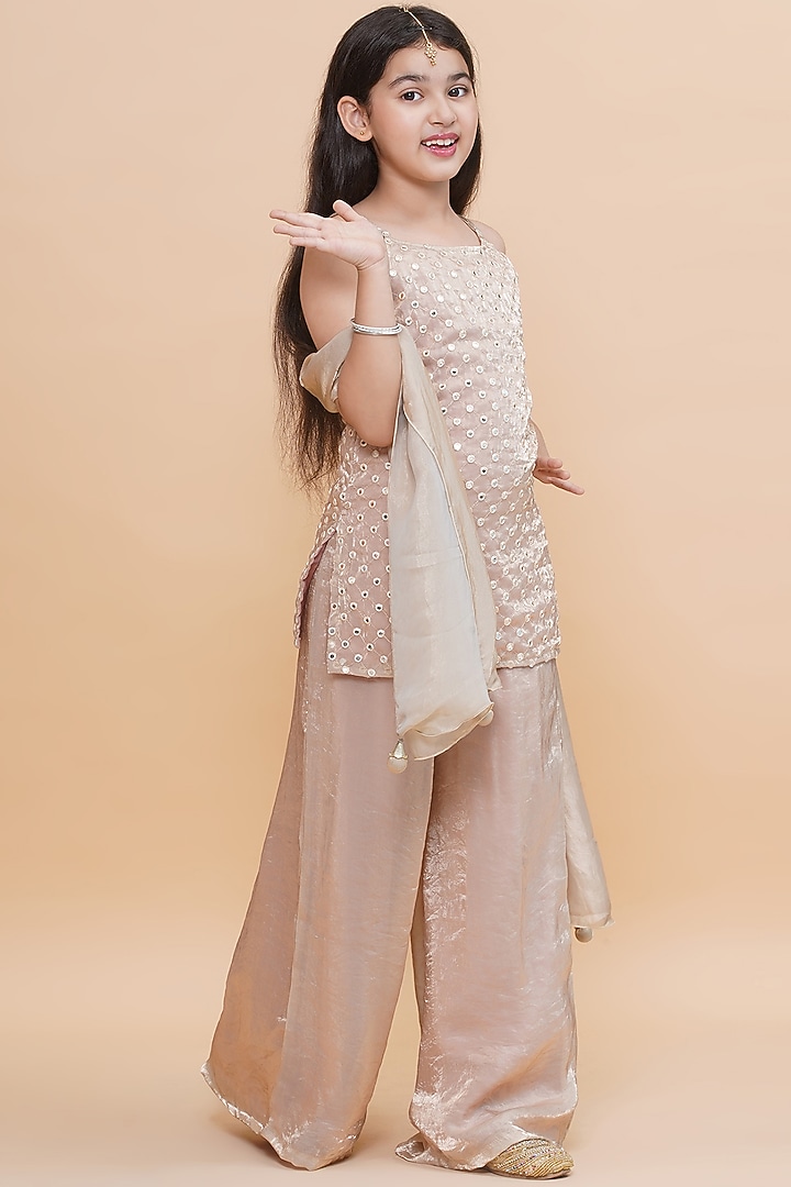 Beige Tissue Mirror Work Kurta Set For Girls by Piccolo at Pernia's Pop Up Shop
