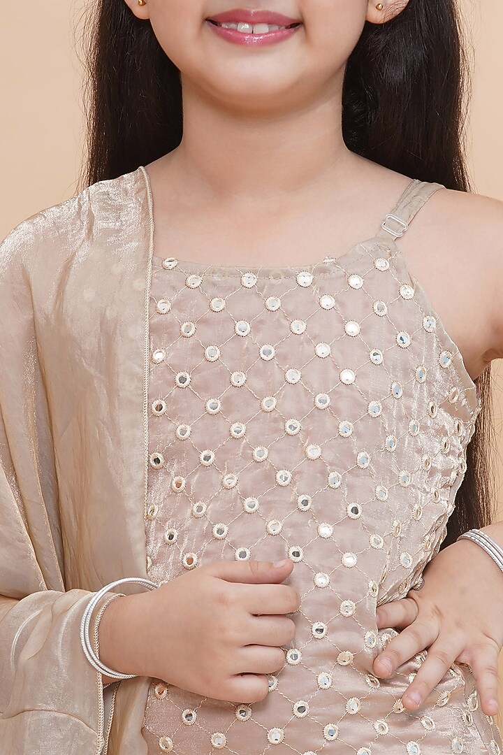 Beige Tissue Mirror Work Kurta Set For Girls by Piccolo at Pernia's Pop Up Shop