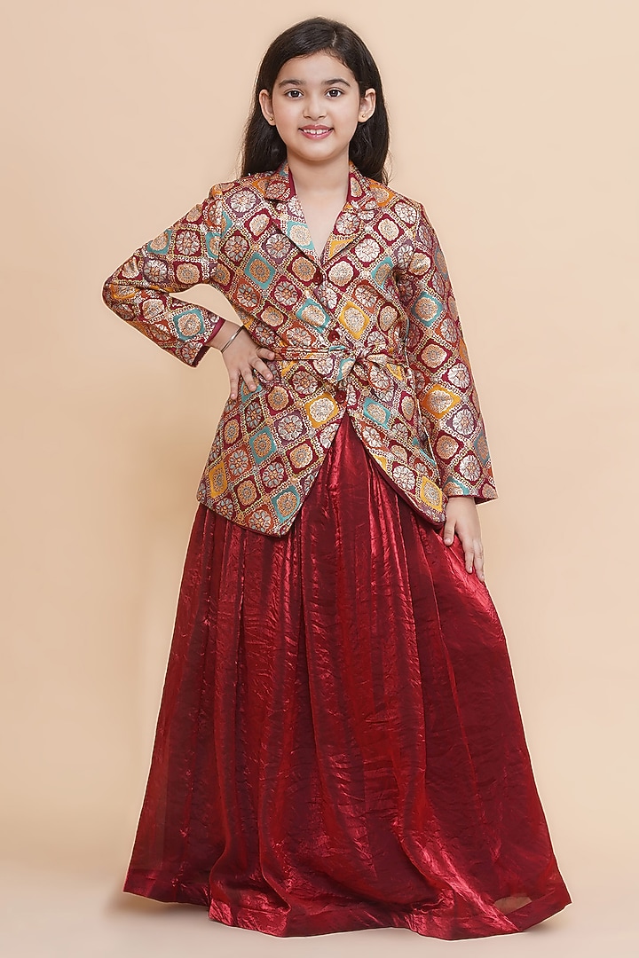 Maroon Silk Blazer Set For Girls by Piccolo at Pernia's Pop Up Shop