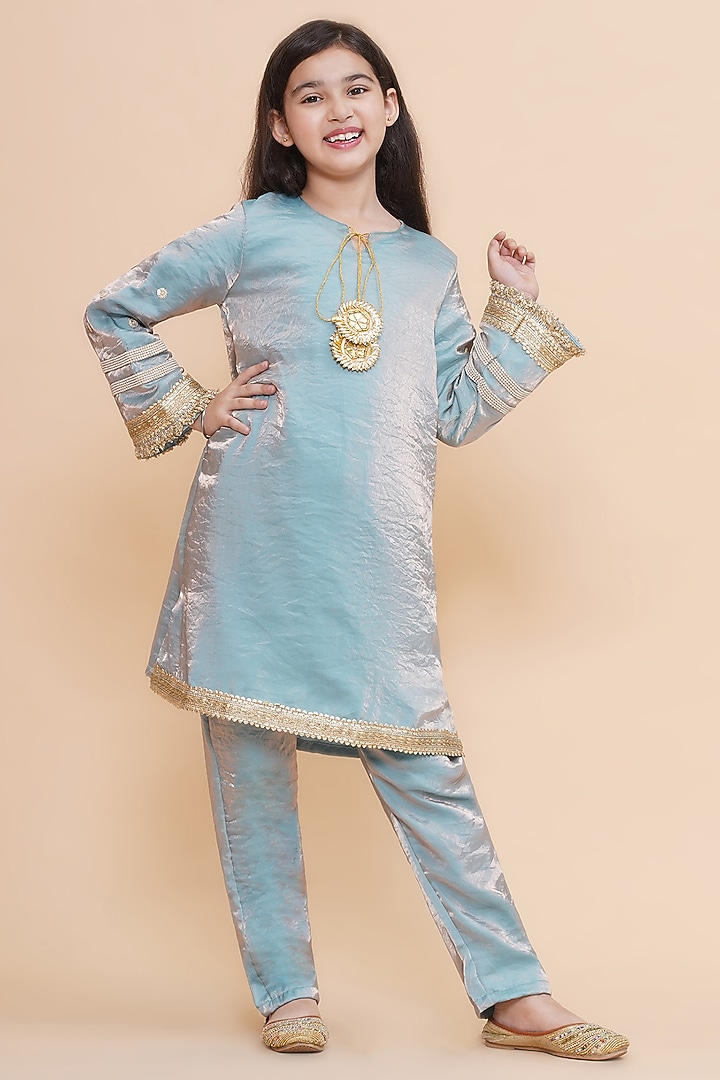 Blue Tissue Kurta Set For Girls by Piccolo at Pernia's Pop Up Shop
