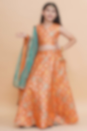 Orange Brocade Lehenga Set For Girls by Piccolo at Pernia's Pop Up Shop