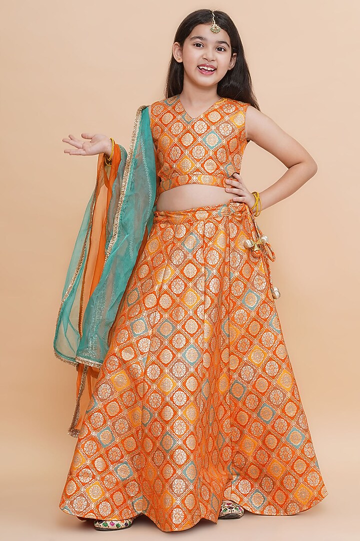 Orange Brocade Lehenga Set For Girls by Piccolo at Pernia's Pop Up Shop