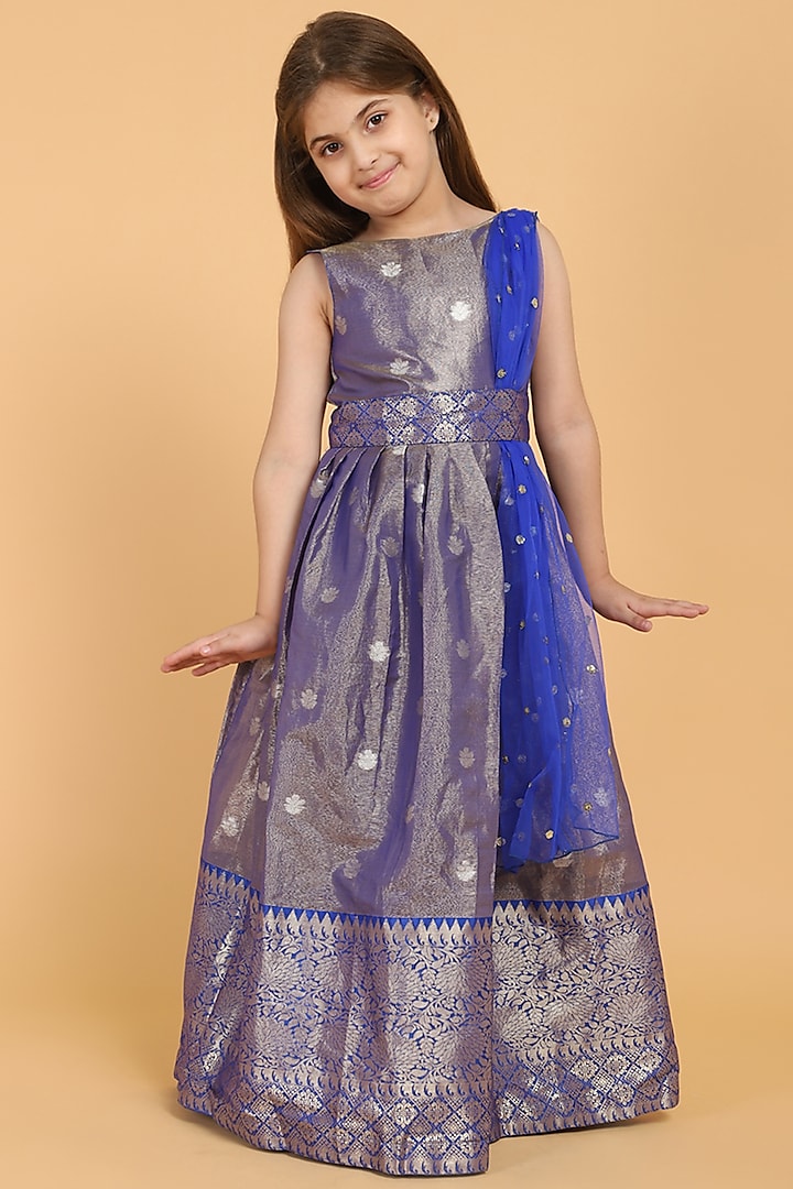 Blue Chanderi Silk Anarkali Set For Girls by Piccolo
