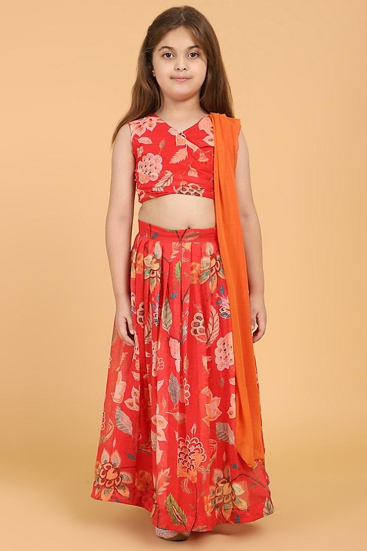 Red Chiffon Floral Printed Lehenga Set For Girls by Piccolo