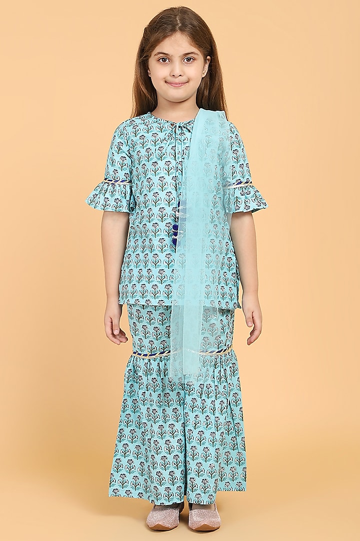 Blue Cotton Printed Sharara Set For Girls by Piccolo