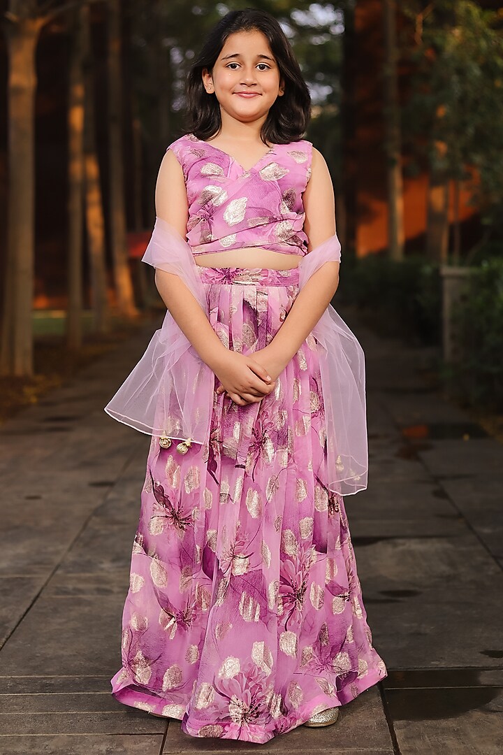 Lavender Georgette Lehenga Set For Girls by Piccolo