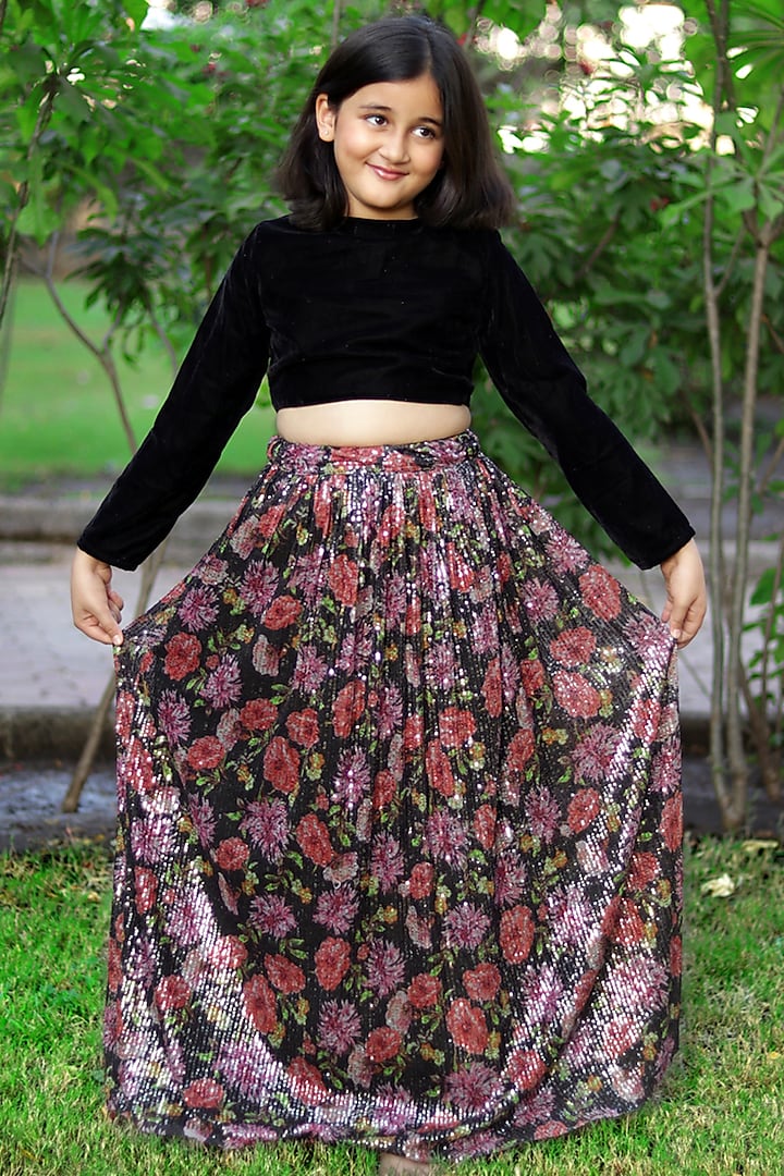 Black Sequins Embellished Skirt Set For Girls by Piccolo