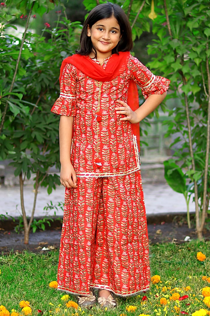 Red Cotton Floral Printed Sharara Set For Girls by Piccolo