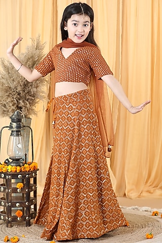 Brown Georgette Chikankari Lehenga Set For Girls by Piccolo