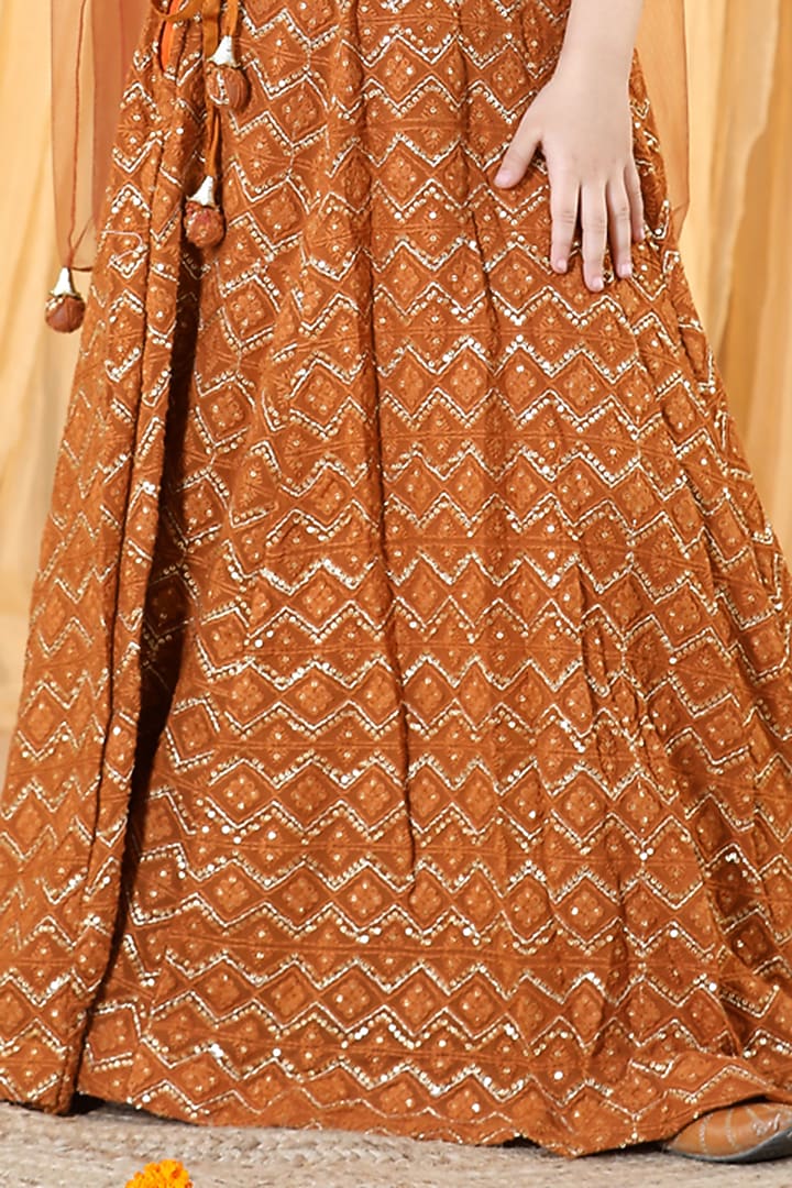 Brown Georgette Chikankari Lehenga Set For Girls by Piccolo at Pernia's Pop Up Shop