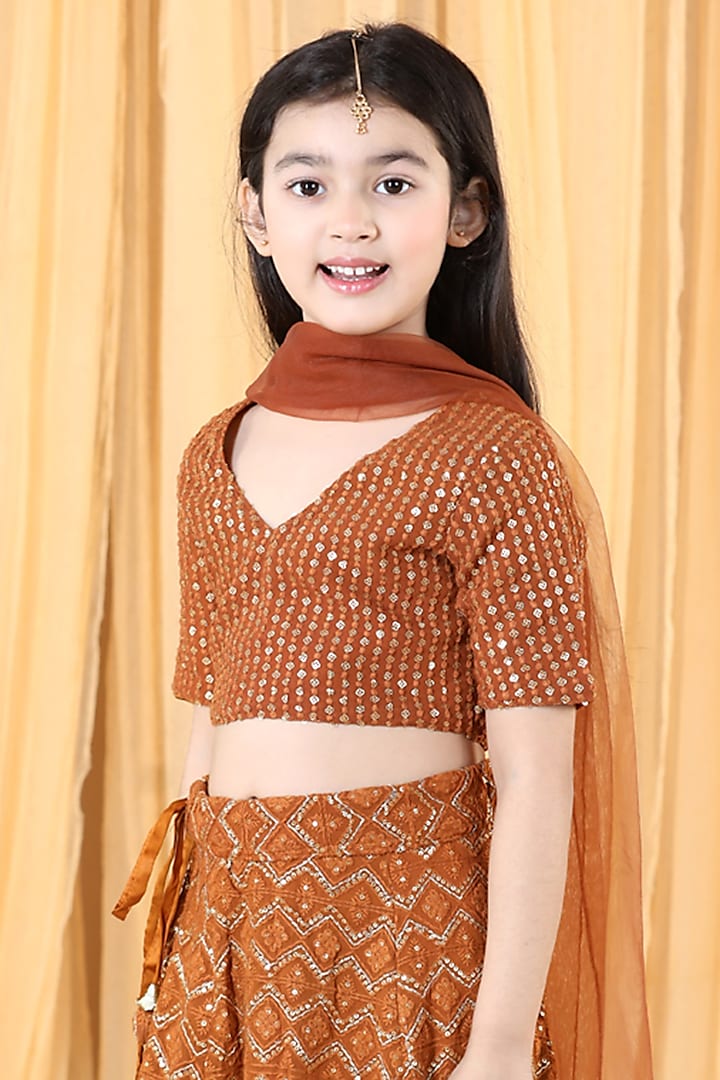 Brown Georgette Chikankari Lehenga Set For Girls by Piccolo at Pernia's Pop Up Shop