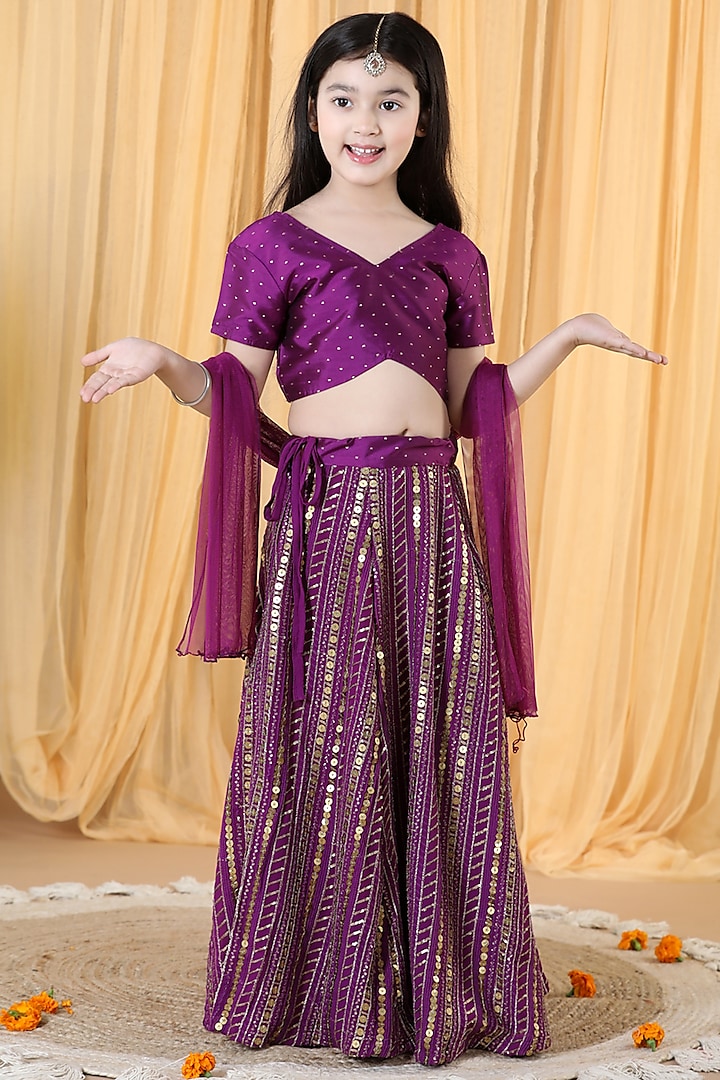 Purple Silk Blend Embellished Lehenga Set For Girls by Piccolo