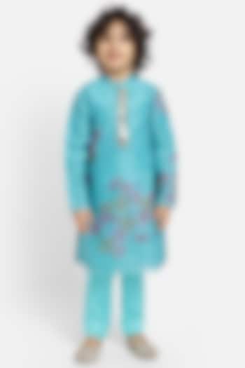 Turquoise Green Organza Floral Printed Kurta Set For Boys by Piccolo