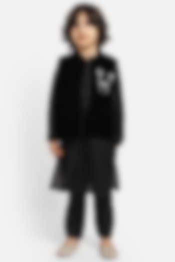 Black Silk Blend & Velvet Embellished Bundi Jacket With Kurta Set For Boys by Piccolo at Pernia's Pop Up Shop