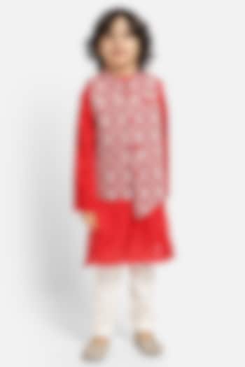 Red Silk Blend Chikankari Bundi Jacket With Kurta Set For Boys by Piccolo