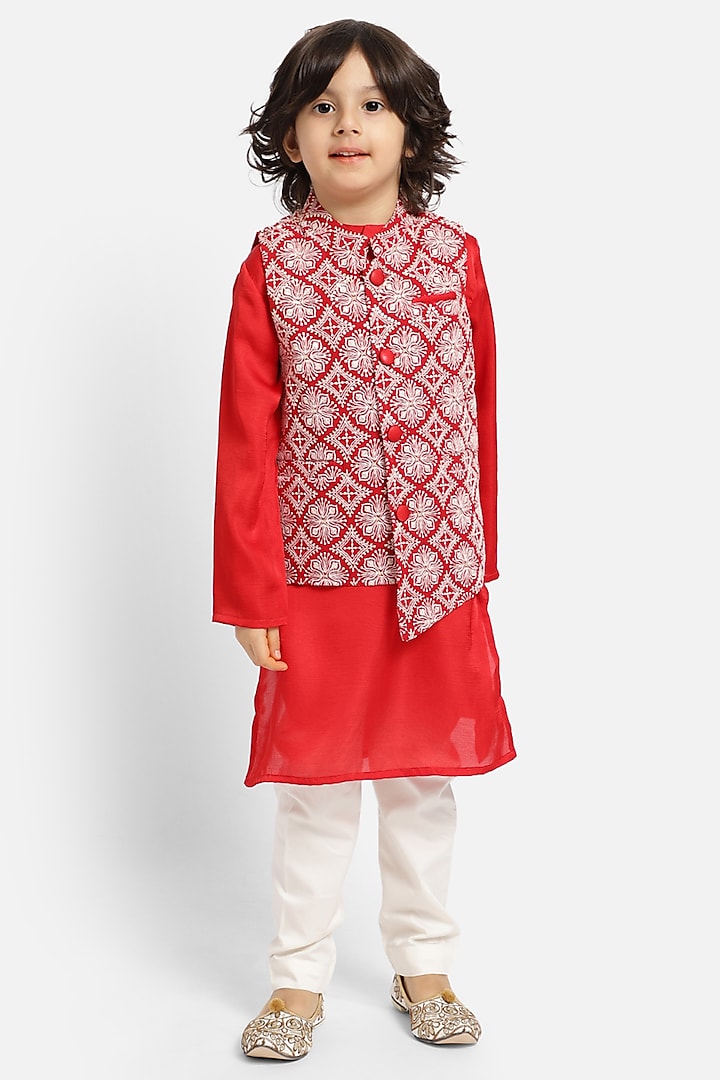 Red Silk Blend Chikankari Bundi Jacket With Kurta Set For Boys by Piccolo