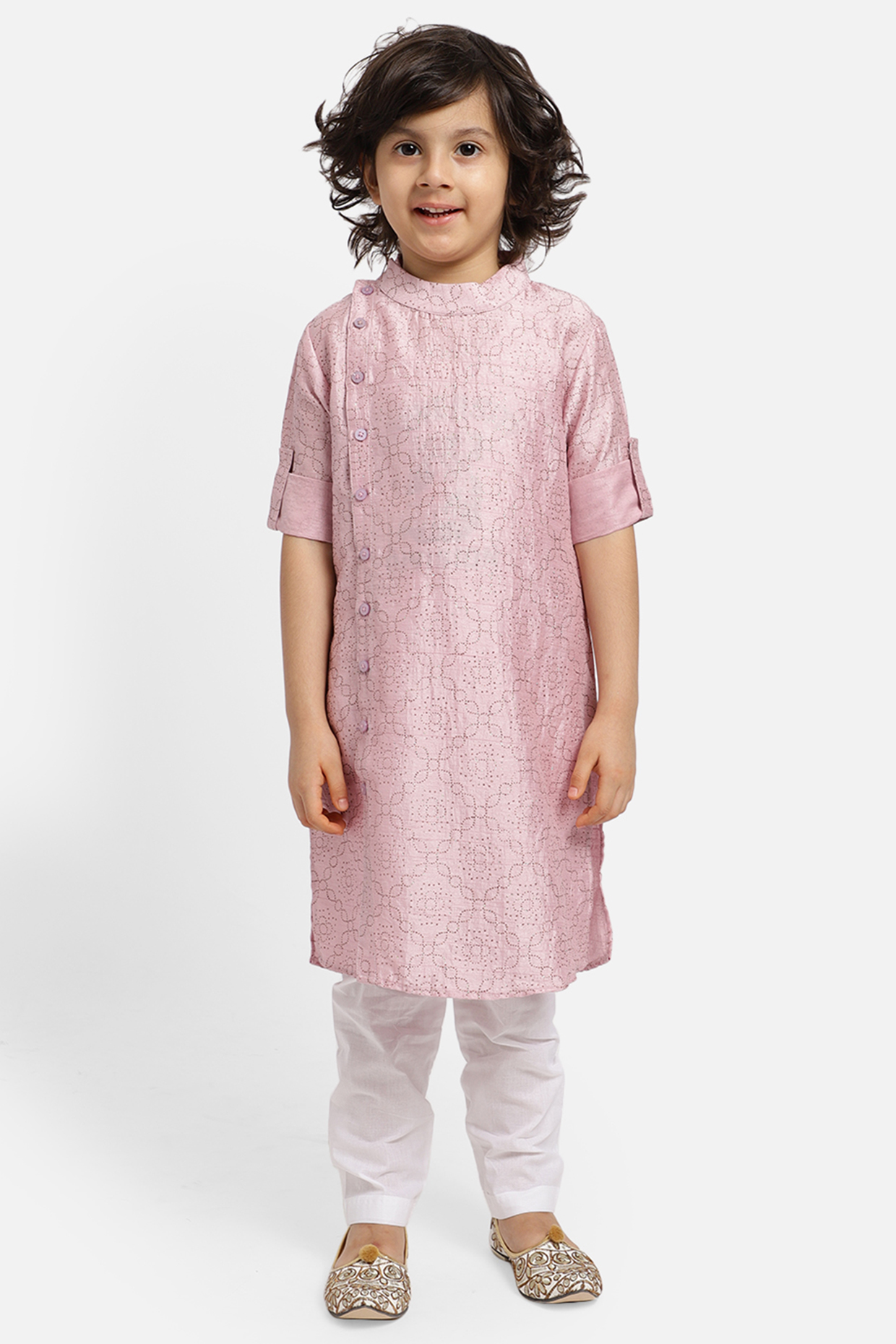 Light Pink Silk Blend Embellished Kurta Set For Boys by Piccolo