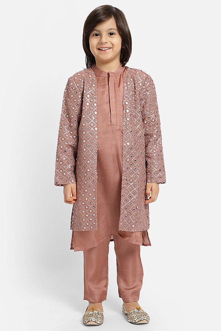 Mauve Silk Blend Embroidered Jacket With Kurta Set For Boys by Piccolo