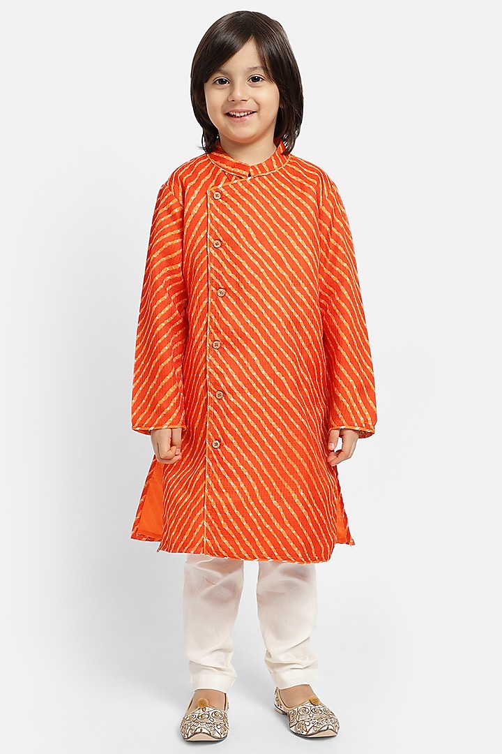 Orange Cotton Blend Printed Kurta Set For Boys by Piccolo