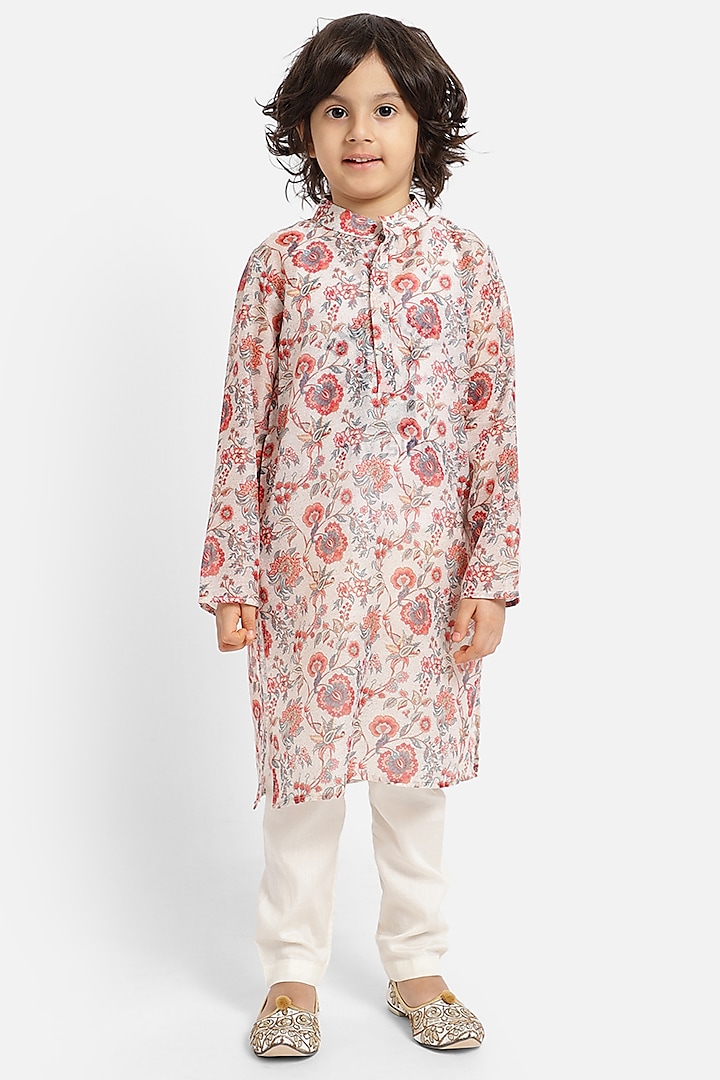 Off-White Silk Blend Printed Kurta Set For Boys by Piccolo