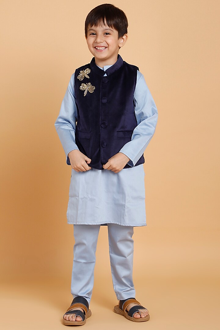 Blue Velvet & Pure Cotton Bundi Jacket With Kurta Set For Boys by Piccolo