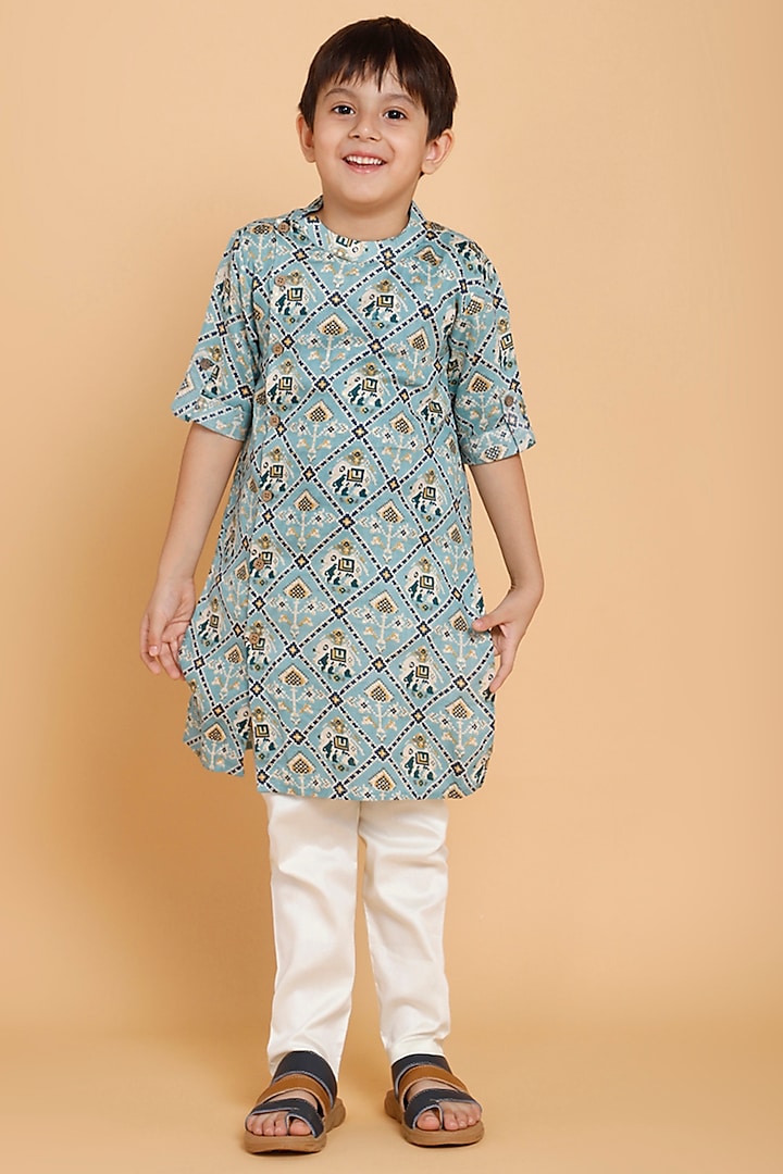 Aqua Blue Pure Cotton Printed Kurta Set For Boys by Piccolo