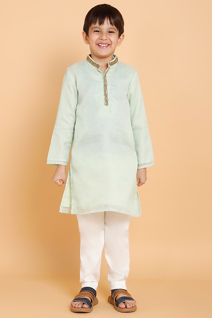 Green Silk Blend Kurta Set For Boys by Piccolo