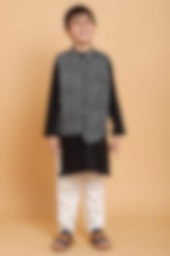 Black Satin Bundi Jacket With Kurta Set For Boys by Piccolo