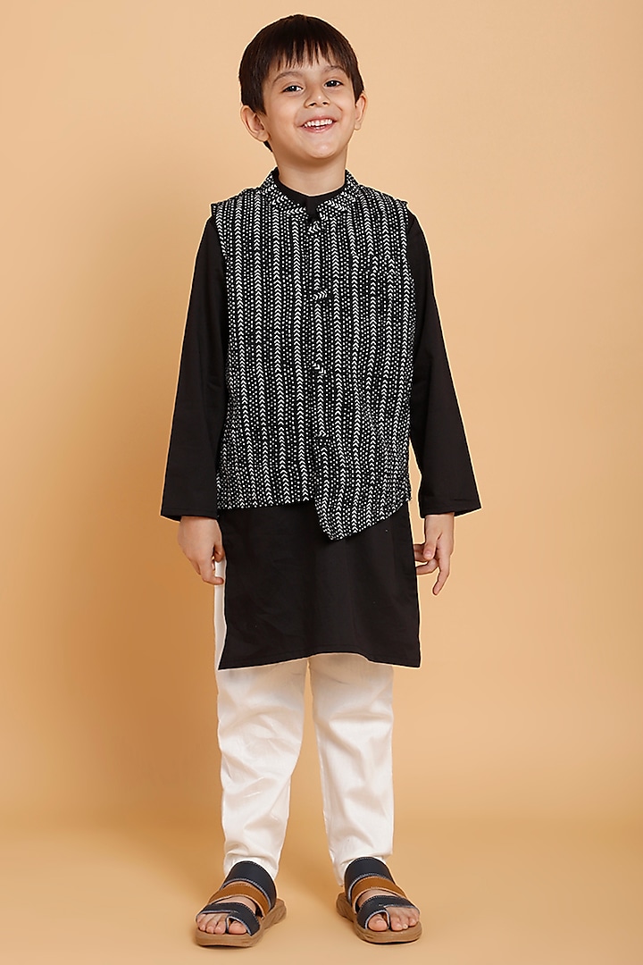 Black Satin Bundi Jacket With Kurta Set For Boys by Piccolo
