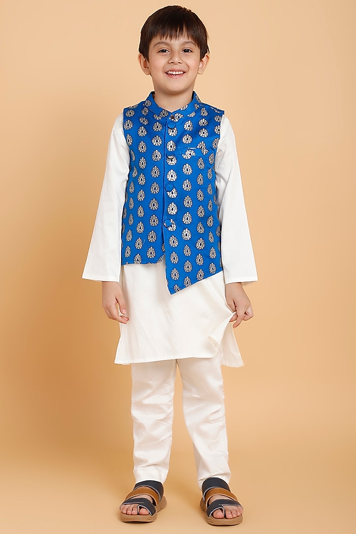 Blue Cotton Printed Bundi Jacket With Kurta Set For Boys by Piccolo