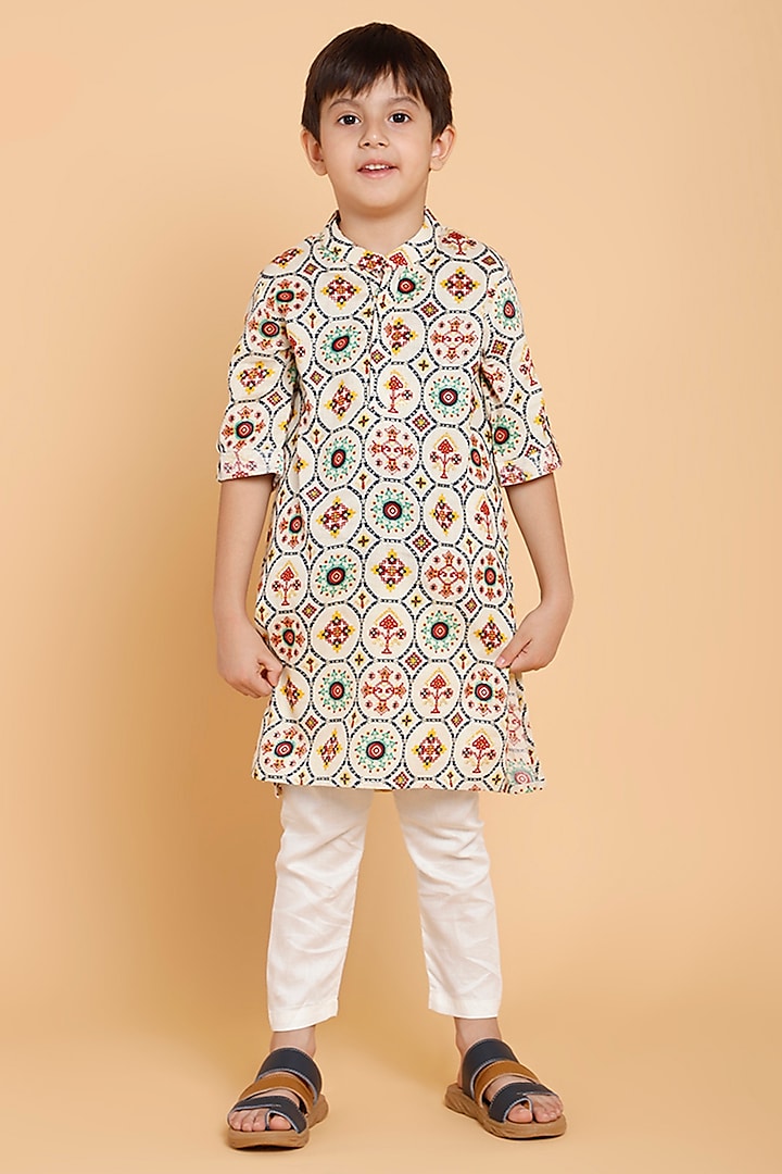 Cream Cotton Printed Kurta Set For Boys by Piccolo