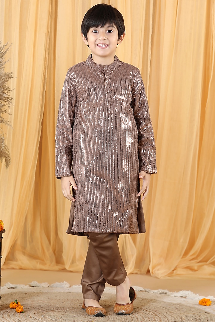 Copper Sequins Embellished Kurta Set For Boys by Piccolo