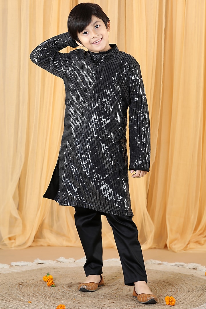 Black Sequins Embellished Kurta Set For Boys by Piccolo