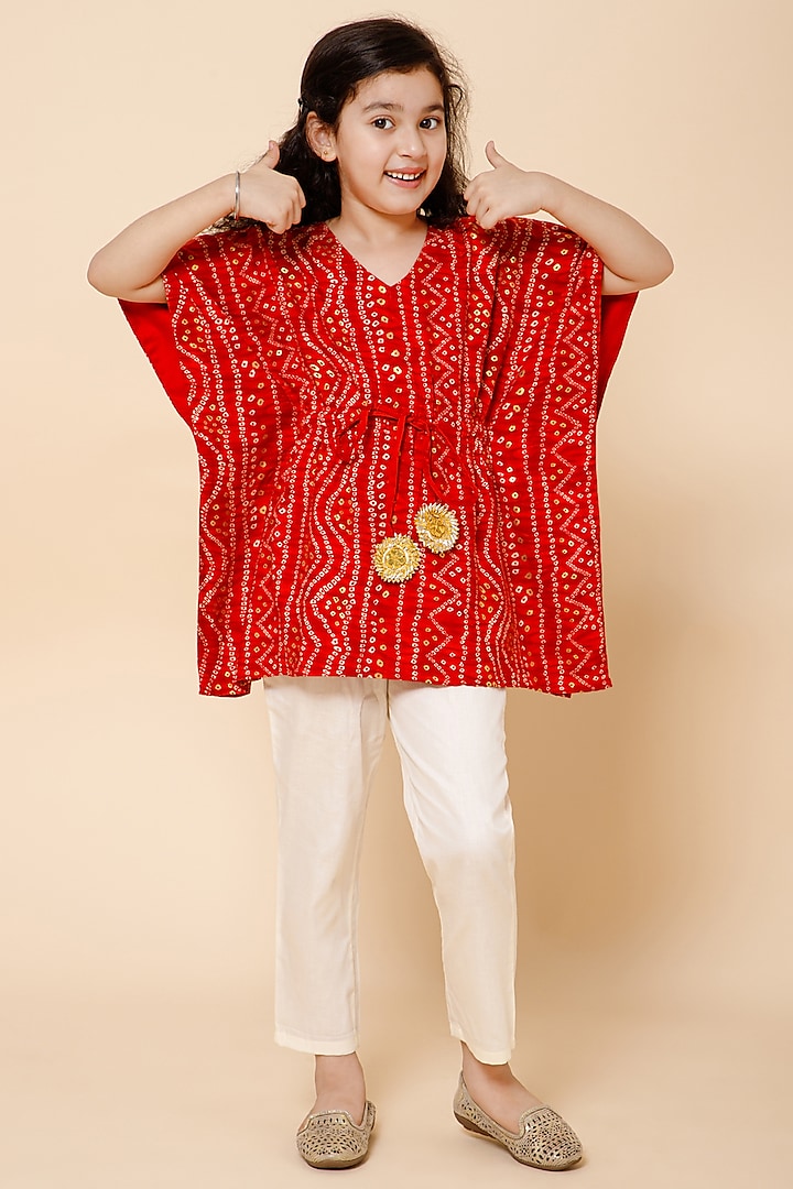 Red Chanderi Silk Bandhani Printed Kaftan Set For Girls by Piccolo at Pernia's Pop Up Shop