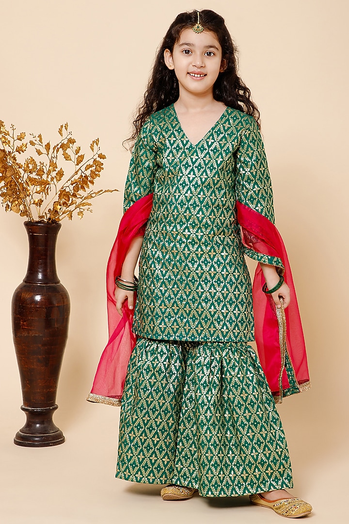 Green Silk Sharara Set For Girls by Piccolo at Pernia's Pop Up Shop