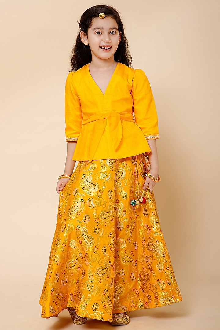 Yellow Brocade Banarasi Lehenga Set For Girls by Piccolo at Pernia's Pop Up Shop