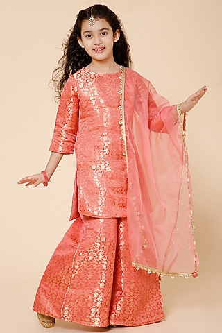 Pink Silk Kurta Set For Girls by Piccolo