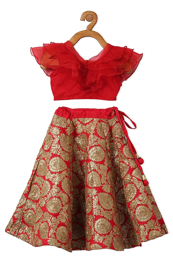 Red Embroidered Lehenga Set For Girls by Piccolo
