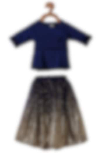 Navy Blue Embroidered Lehenga Set For Girls by Piccolo