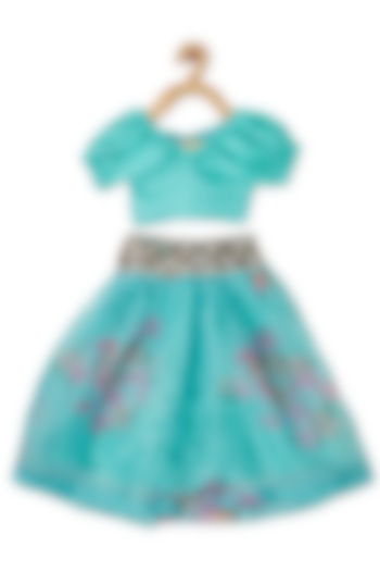 Blue Embroidered Lehenga Set For Girls by Piccolo