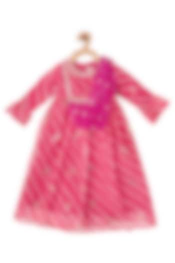Pink Printed Dress With Dupatta For Girls by Piccolo