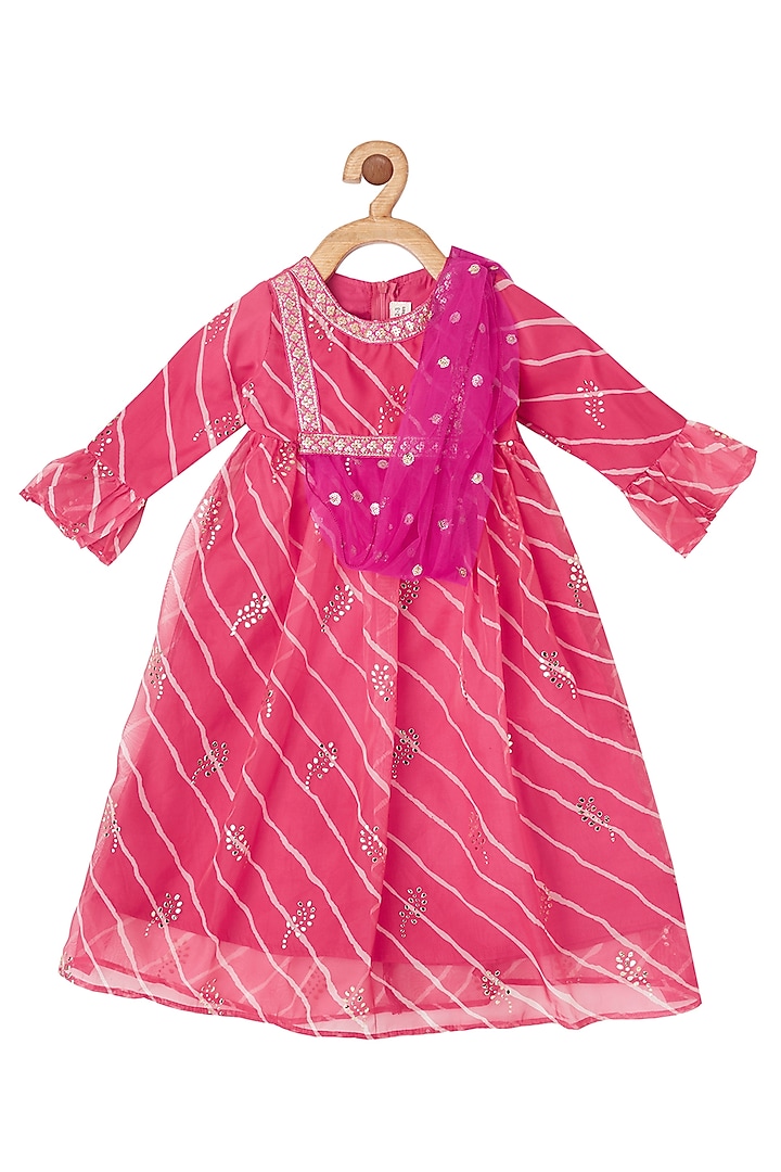 Pink Printed Dress With Dupatta For Girls by Piccolo at Pernia's Pop Up Shop