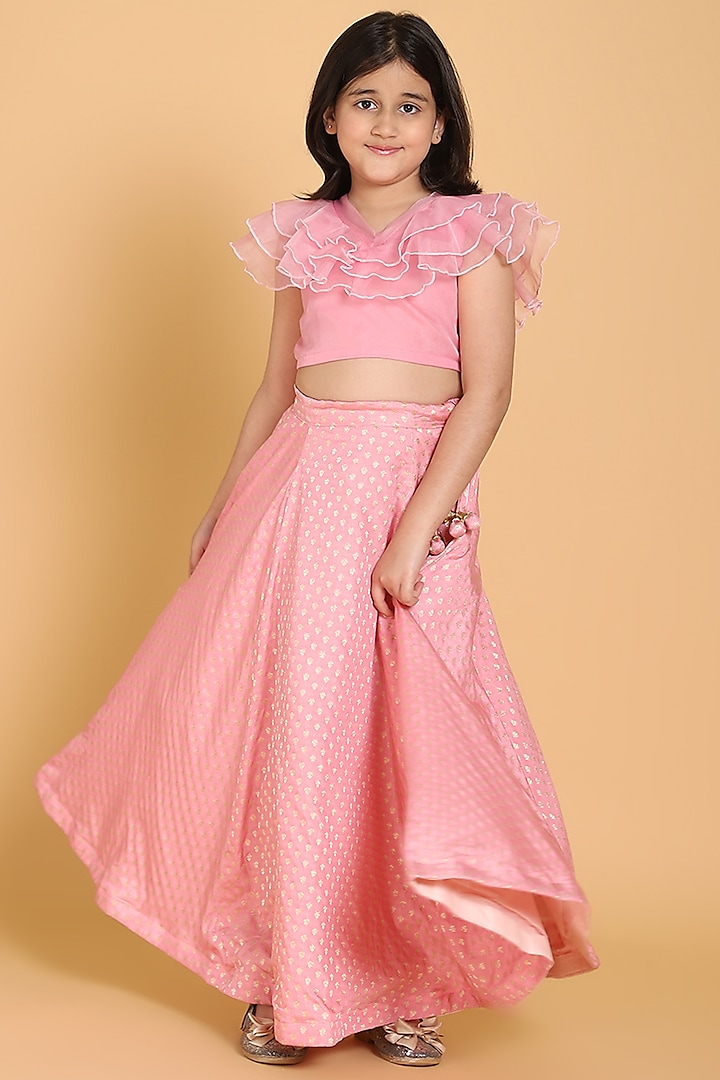 Pink Embroidered Lehenga Set For Girls by Piccolo